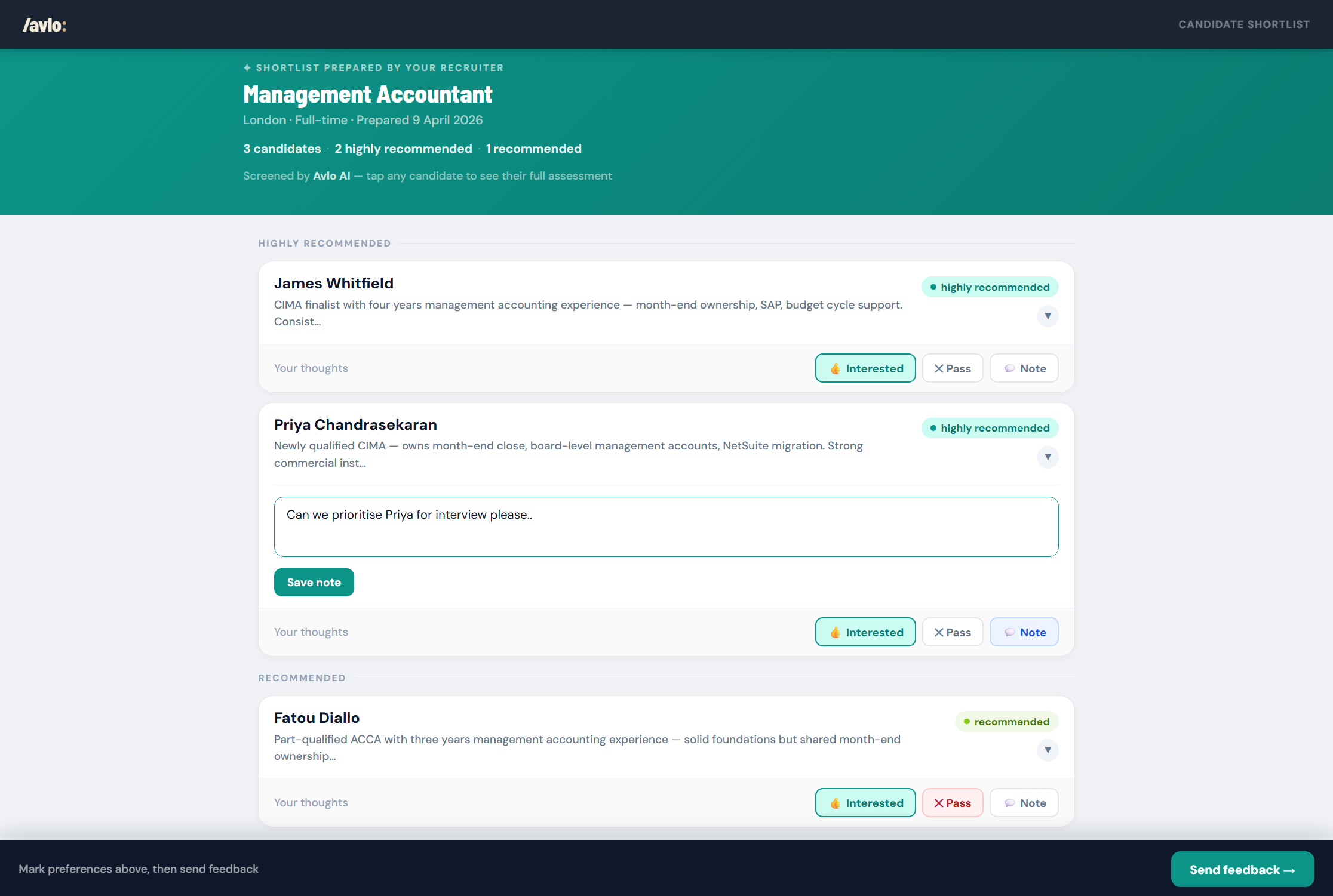 Avlo live shortlist hiring manager view